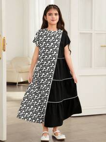 SHEIN Leap Crew Tween Girls'' Loose Casual Patchwork Colorblock Geometric Pattern Midi Dress - White - View 6