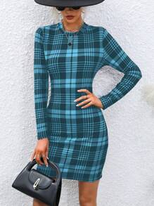 SHEIN Clasi 1 pieza Vestido elegante de manga larga con cuello redondo y pliegues con estampado de cuadros para la ropa de Año Nuevo de mujeres