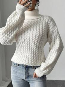 Firerie Elegant Casual Warm Beige High Neck Cable Knit Sweater, Autumn/Winter New Style