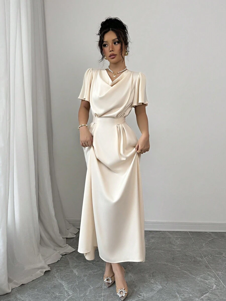 Elenzga Váy suông cổ bó sát bằng vải satin màu sâm panh dành cho nữ có dây đeo nơ phía sau, thích hợp cho ngày lễ tình nhân, đám cưới - Màu be - Xem 1