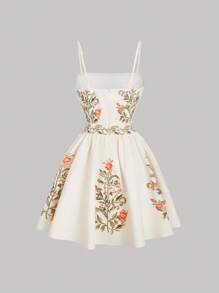 SHEIN MOD Vestido de tirantes finos con estampado de posicionamiento, vestido bohemio mini, ropa occidental para mujer, atuendos para playa para mujer, vacaciones, campo