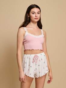 Bộ đồ ngủ/Pajama in ren viền anh đào có nơ phía trước - Nhiều màu - Xem 1
