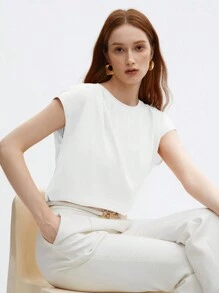 BizChic Women's Solid Color Round Neck Pleated Decor Loose Cap Sleeve Top, Basic Urban Commute Style, Simple Elegant Fashion Business Casual , Suitable For Teachers And Office Wear