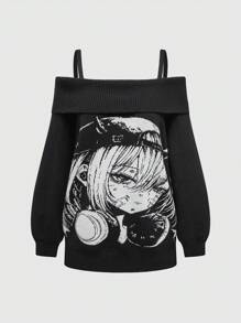 ROMWE Avant Women's Cartoon Pattern Jacquard Knit Open Shoulder Long Sleeve Sweater - Black - View 1