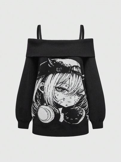 ROMWE Avant Damen Cartoon Muster Jacquard Strick Pullover mit offener Schulter Langarm