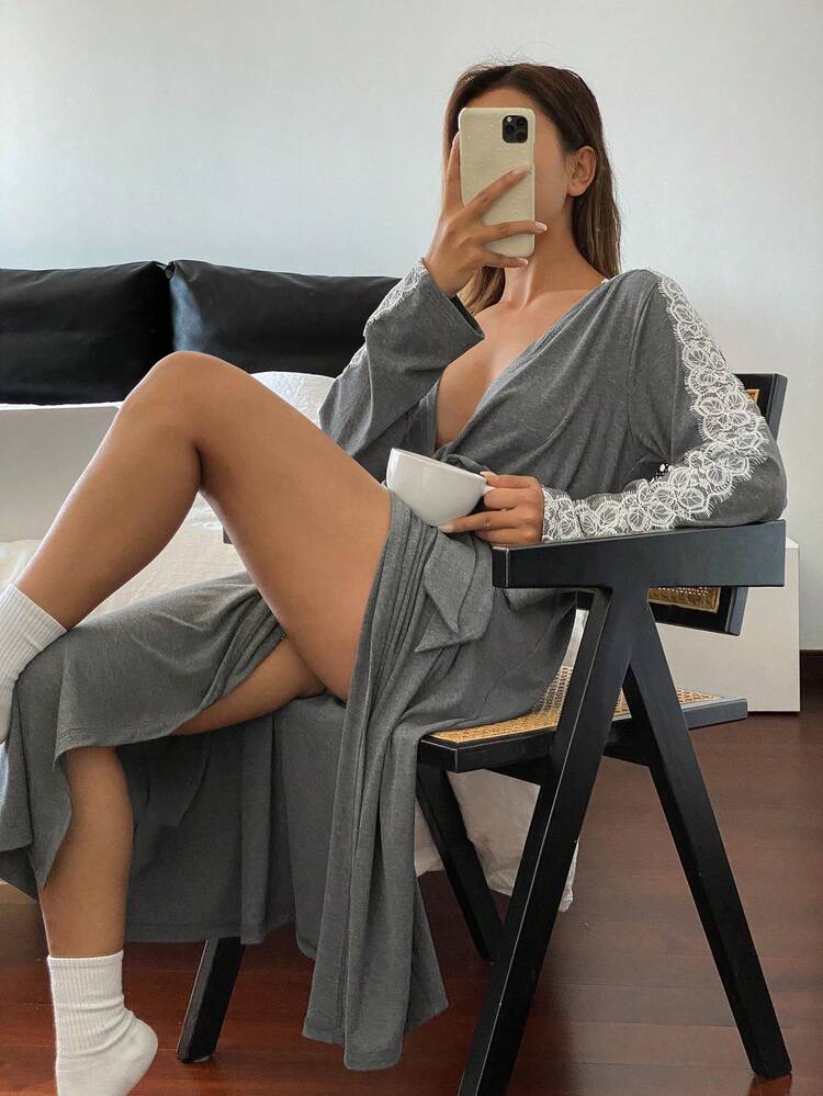 Knitted Fabric Lace Trim Mid-Length Robe Pajama