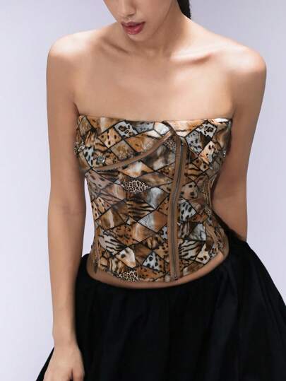 GENKIRA 复古印花设计皮革短款抹胸紧身胸衣上衣，女式，摩托风格