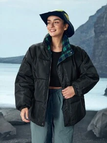 In My Nature 休闲立领棉质派克大衣女款，2024 冬季宽松款夹棉外套 - 黑色 - 查看 7