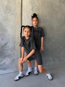 Matching Sister Look Girls Casual All-Match Versatile Sports Streetwear Washed Contrast Ribbed Raglan Tee + Leggings Shorts Set