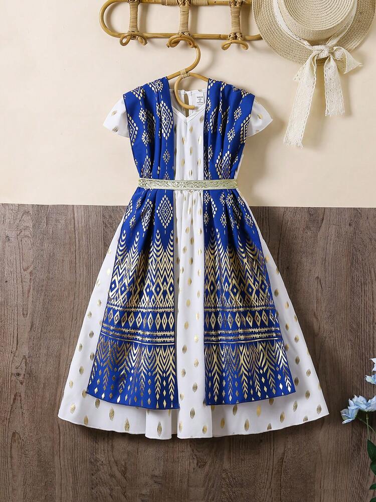Young Girl Geometric Patchwork Tie-Waist Dress With Gold Foil Print Shawl