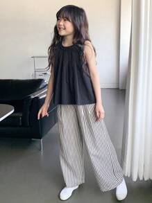 DAZY Conjunto de verano para niñas preadolescentes con 2 piezas: top de tirantes de cuello redondo + pantalón largo de tejido rayado