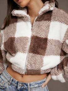 SHEIN Essnce Cazadora de cuadros de hombros caídos cremallera de franela - Multicolor - Ver 4