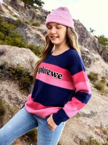 SHEIN Vestiti per ragazze adolescenti in stile casual all'aperto, maglione pullover a righe caldo e confortevole per ragazze adolescenti, alla moda e versatile per l'uso quotidiano, le gite, la fotografia di strada in città - Rosso - Visualizzare 3