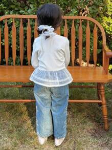 DAZY Young Girl Solid Color Mesh Patchwork Round Neck Long Sleeve Casual T-Shirt - White - View 5