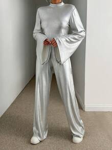 EURMUSE Silver Foil Printed Rib, Flare Sleeve Turtle Neck Top With Flare Pant - Silver - View 4
