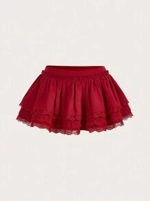 SHEIN Sweetina Falda de cintura baja con patchwork de encaje multicapa - Burdeos - Ver 1