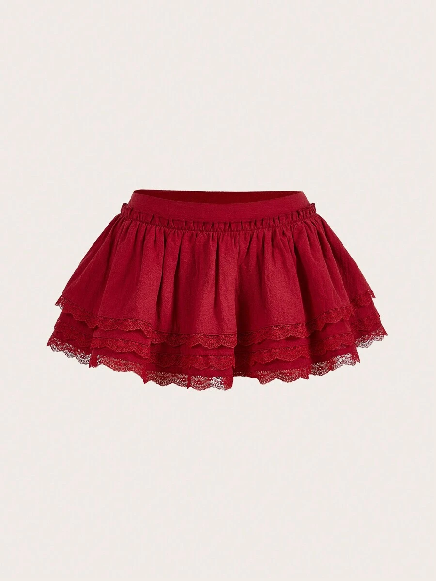 SHEIN Sweetina Falda de cintura baja con patchwork de encaje multicapa - Burdeos - Ver 1