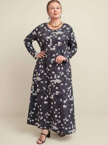 Joress Plus Size Floral Print A-Line Midi Casual Dress, Spring & Autumn - Multicolor - View 5