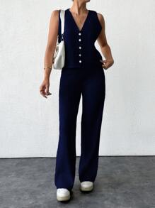 EURMUSE 2pcs Knit Vest Set, Casual Daily Wear, Minimalist Style - Navy Blue - View 3