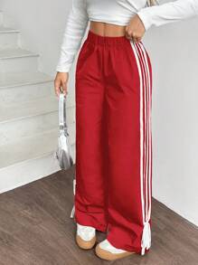 SHEIN EZwear 女士黑色侧面撞色白色带子松紧腰裤 - 紅色 - 查看 5