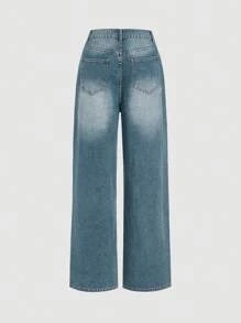 SHEIN MOD Jeans de mezclilla azul desgastados de pierna recta de estilo casual para mujeres