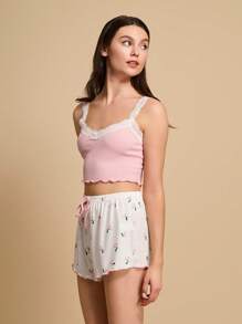 Bộ đồ ngủ/Pajama in ren viền anh đào có nơ phía trước - Nhiều màu - Xem 3