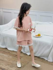 DAZY 2 件套青少年女孩圆领针织拼布短袖春夏装，返校服 - 粉色 - 查看 6