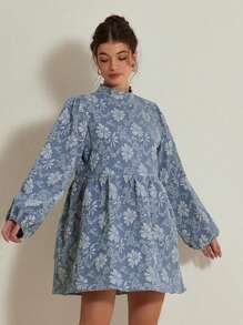 Revavyn 女士优雅纹理花卉灯笼袖 A 字迷你连衣裙，秋季 - 藍色 - 查看 3