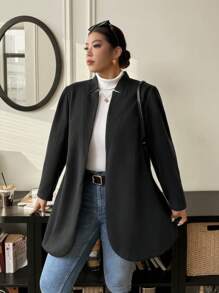 Calvaya Plus Size Women Solid Color Long Sleeve Open Front Casual Jacket, Autumn/Winter - Black - View 3