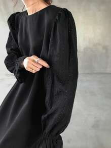 FRIFUL Women's Solid Color Round Neck Ruffle Long Sleeve Loose Casual Dress, Autumn - Black - View 1