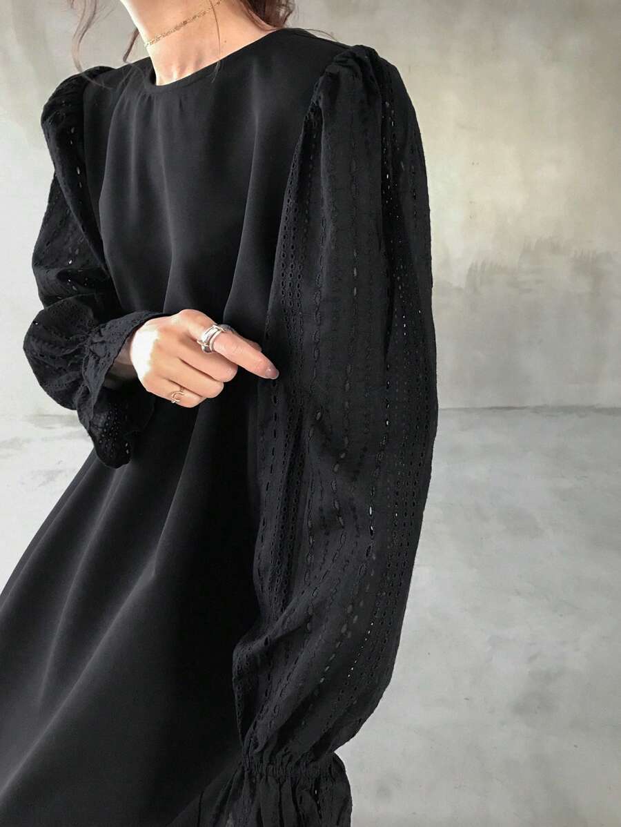 FRIFUL Women's Solid Color Round Neck Ruffle Long Sleeve Loose Casual Dress, Autumn - Black - View 1