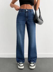 SHEIN Cottnline LOW RISE STRAIGHT CUT LIGHT GREY Y2K STYLE WOMEN JEAN - Medium Wash - View 5