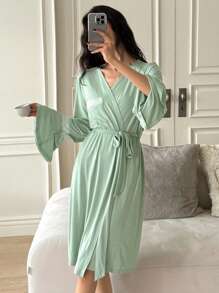 DAZY Loose Soft Comfortable Solid Color Lace Patchwork Women's Robe Pajama - Mint Green - View 6