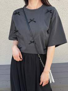 FRIFUL Women's Casual Grey Knitted Long T-Shirt With Round Neck, Short Sleeves, And Contrast Mesh Bow Details - Grey - View 5