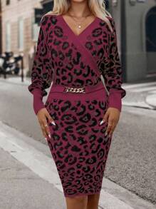 SHEIN Clasi 新品秋冬性感紧身豹纹 V 领时尚设计女式毛衣连衣裙