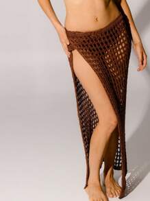Aralina Resort Brown Crochet Wrap Beach Swim Holiday Maxi Skirt - Coffee Brown - View 4