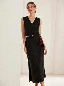 Aveloria 优雅女士 3D 花卉装饰背心套装，适合情人节、春季和夏季 - 彩色 - 查看 6