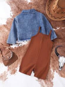 SHEIN 年轻女孩 2 件套：无袖连身裤，配有牛仔帽和公牛图案印花，搭配带有金属纽扣装饰、翻领和大口袋的柔软牛仔夹克，传达出独特的西部风情，适合户外、主题拍摄或休闲穿着 - 彩色 - 查看 14