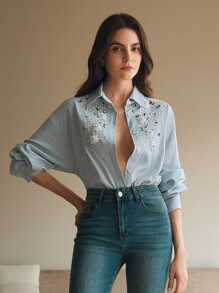 Anewsta Light Blue,Autumn,Elegant,Tea Party Embroidered Crystal Decor 3D Flower Trim Collar Long Sleeve Modern Blouse Top For Valentine's Day,New Year,Date - Baby Blue - View 5