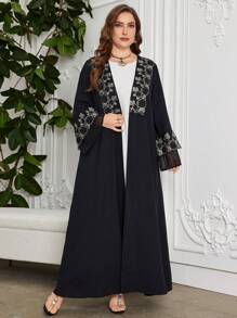 Al Najma Plus Size Women's Floral Embroidered Flared Sleeve Chiffon Patchwork Loose Comfortable Luxurious Arabic Style Robe, Modest Abaya