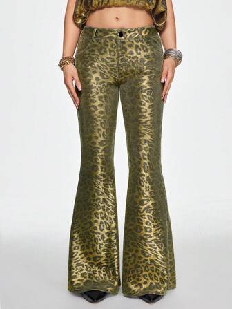J-Fashion Pantalones acampanados de mujer de cintura baja con estampado de leopardo en lámina dorada, estilo Gyaru Y2K Harajuku