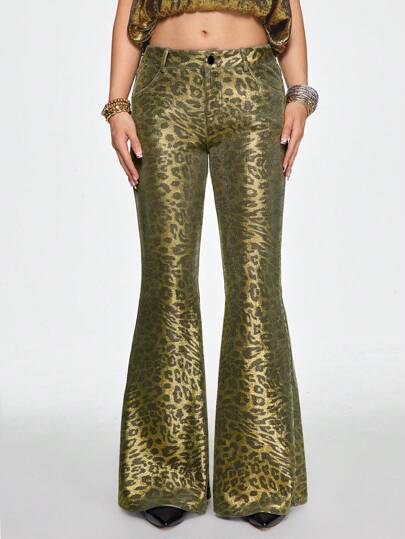 J-Fashion Pantalon évasé pour femmes style Harajuku Gyaru années 2000 avec imprimé léopard en feuille d'or taille basse
