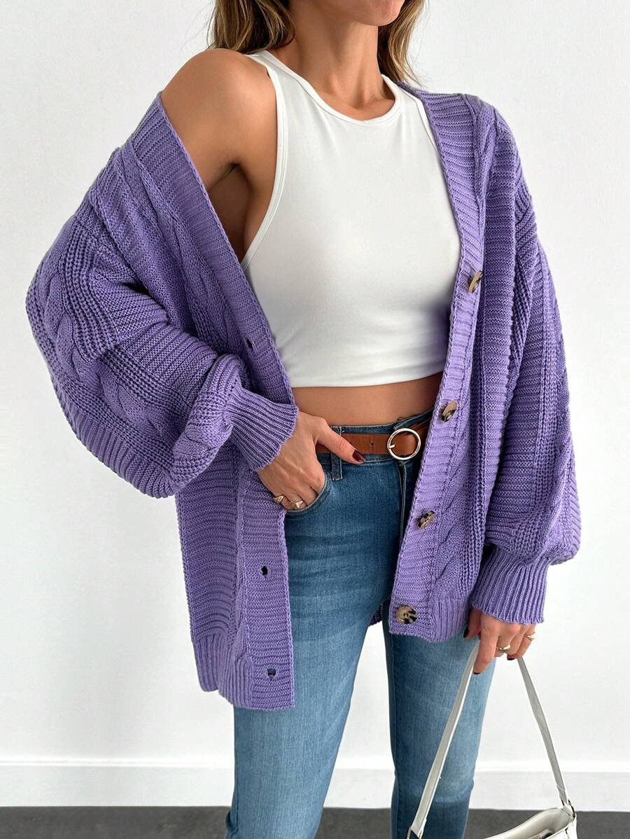 RueChic Women's Casual Solid Color Loose Fit Drop Shoulder Cardigan, Autumn/Winter - Lilac Purple - View 1