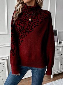 SHEIN LUNE Women Leopard Print Turtleneck Loose Fit Knitted Pullover, Autumn/Winter