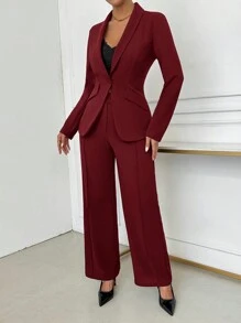 SHEIN SXY 女士优雅单排扣缺口翻领西装外套和裤子套装秋冬女装办公室服装 - 酒紅色 - 查看 6