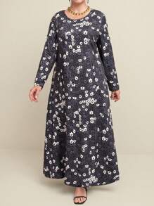 Joress Plus Size Floral Print A-Line Midi Casual Dress, Spring & Autumn - Multicolor - View 1