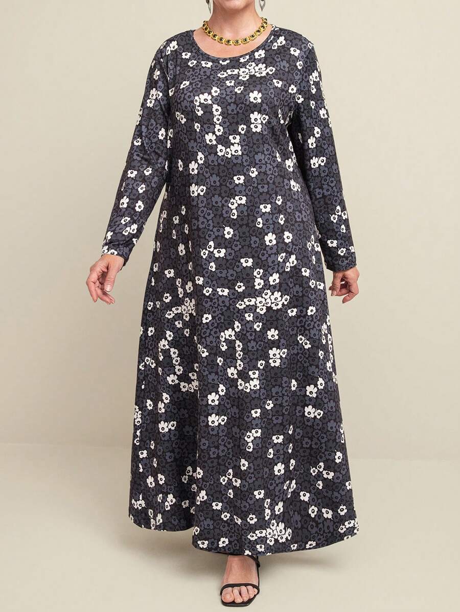 Joress Plus Size Floral Print A-Line Midi Casual Dress, Spring & Autumn - Multicolor - View 1