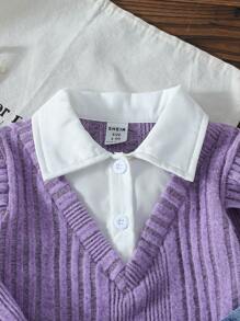 SHEIN 2pcs/Set Baby Girls Faux 2 Pieces Outfit - White Shirt Top With Red Gingham Check Textured Fabric, Paired With Denim Jeans Featuring Strawberry Embroidery And Fringe Cuffs. Fashionable, Sweet And Cute Design, Suitable For Spring/Summer Casual, Outdoor, Travel And Daily Wear - Purple - View 6