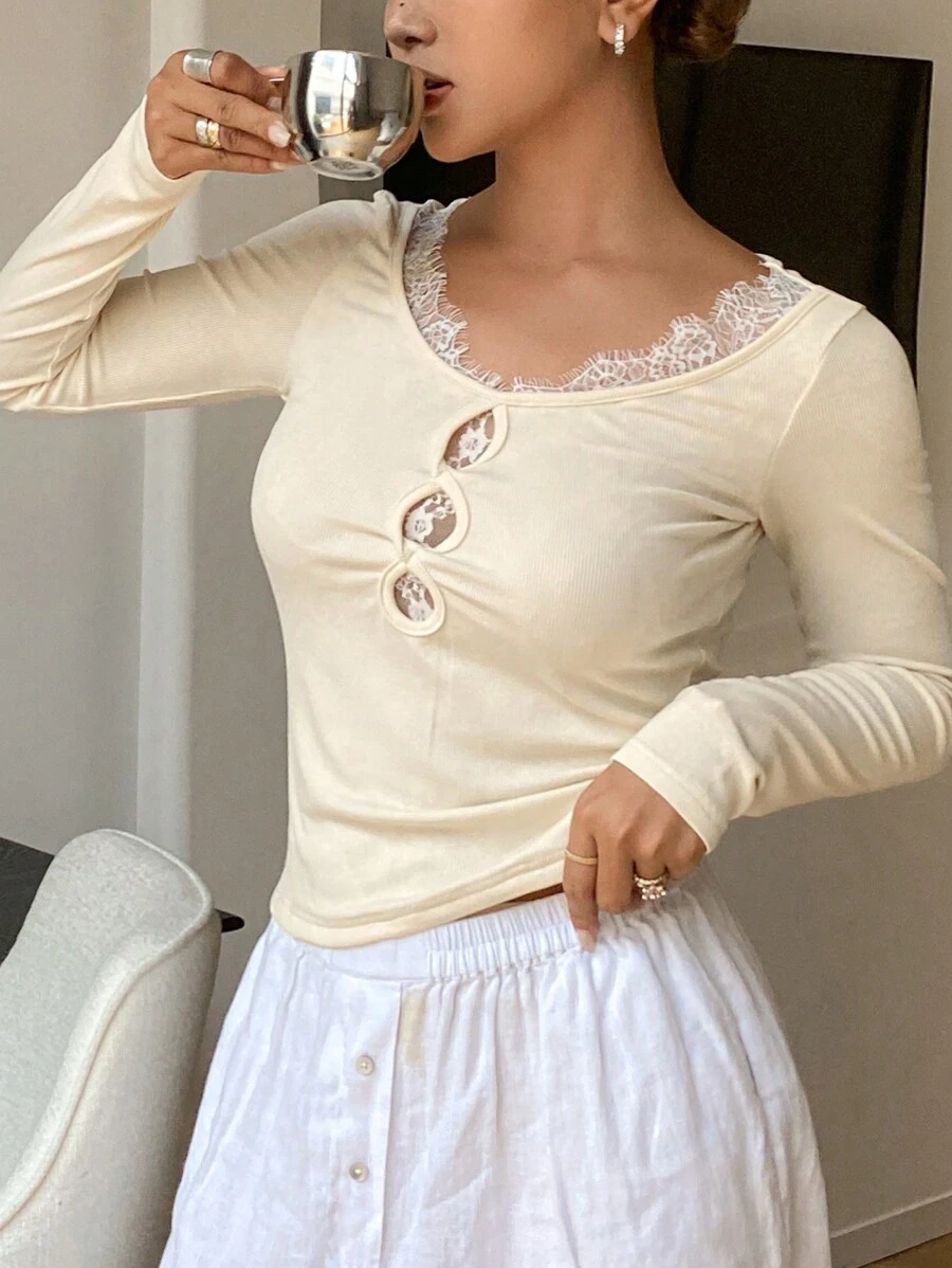 DAZY Lace Splice Ladies Sleep Top Pajama - White - View 1