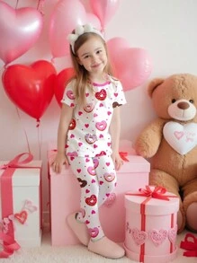 SHEIN Leap Crew Tween Girls Casual Cartoon Donut & Heart Print Short Sleeve T-Shirt & Pants 2 Pieces Loungewear Set - Multicolor - View 3